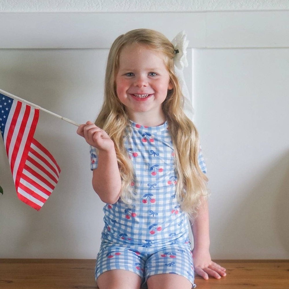 Little Joy Co Cherry Gingham Bows Bamboo Shorts Pajama Set 4T 5 6